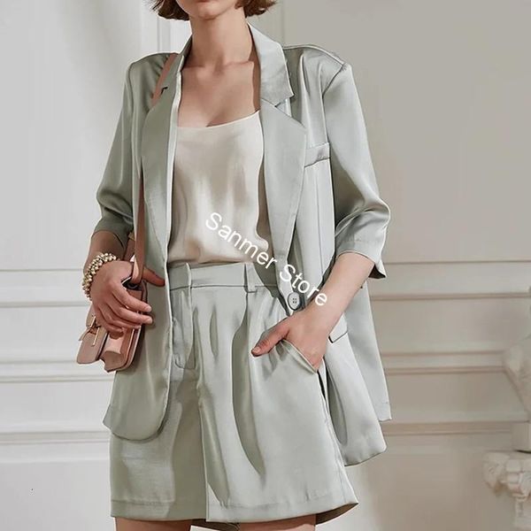 

2021 new feminino fino blazer + conjunto de trs cores bolsos boto nico casaco cintura alta shorts retos terno senhora do escritrio roupas 9z, White