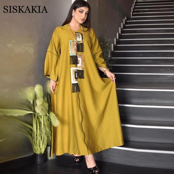 

casual dresses siskakia ethnic sequins tassel abaya dress for women 2021 full cotton middle east muslim dubai turkey arabic oman moroccan ro, Black;gray