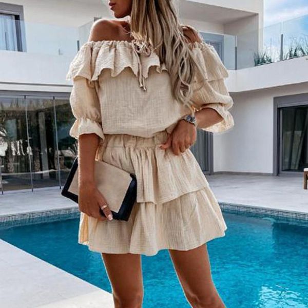 

women's swimwear women dress off shoulder short sleeves solid color ruffle v neck tie-up vacation party mini summer 2021, White;black