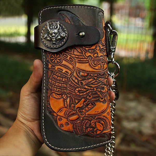 

wallets form 2021 handmade retro genuine leather carving men long wallet cowhide clutch hand chains purse, Red;black