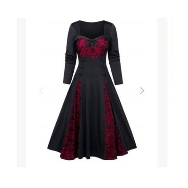 

casual dresses women plus-size cosplay halloween solid color skull lace dress costumes splicing long sleeve vintage party, Black;gray