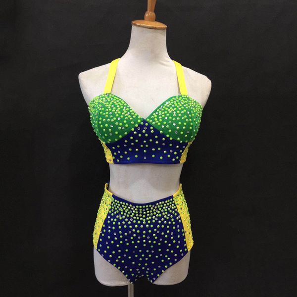 

nightclub bar gogo dancer singer show stage costume ladies pole dance wear colorful rhinestone bra pant suit rave outfit vdb2459, Black;red