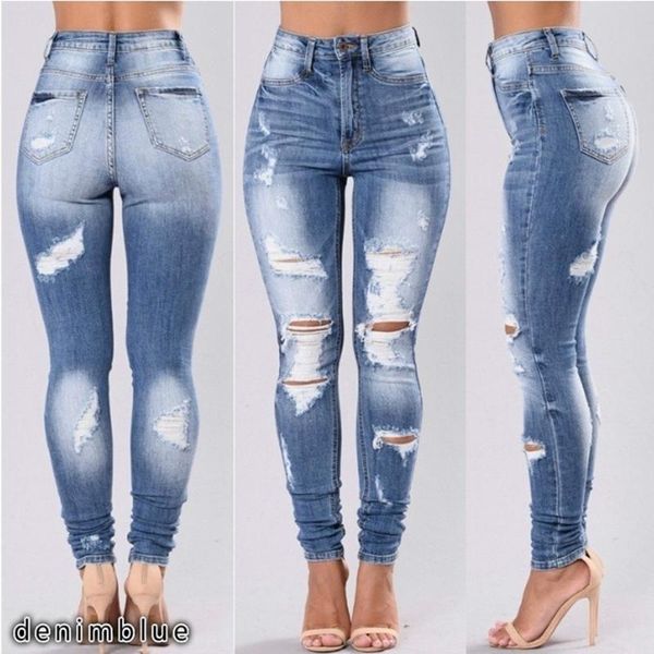 Jeans da donna Pantaloni skinny in denim a matita alla moda Lavati elasticizzati a vita media con foro strappato S-3XL