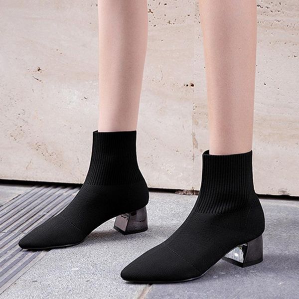 

boots sharp elastic force socks woman coarse with short 2021 knitting single, Black