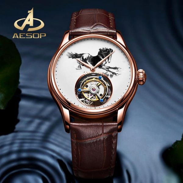 

wristwatches aesop ink painting horse dial men watch 100% real tourbillon mechanical double-sided sapphire glass, Slivery;brown