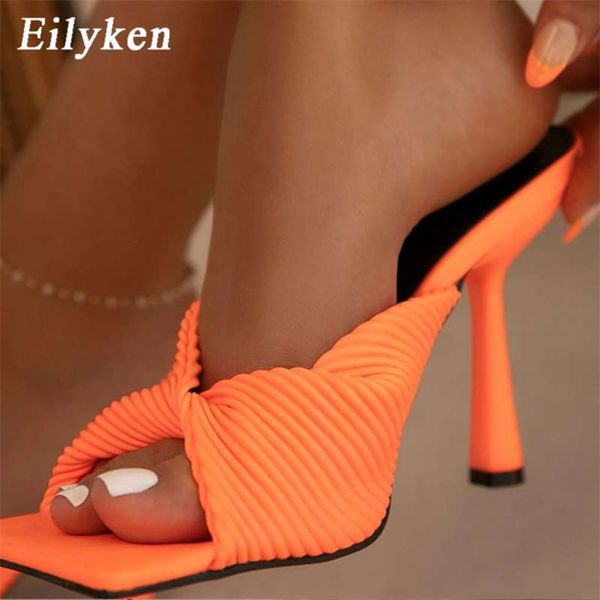 Eilyken Sommer Plissee Orange Frauen Slipper Mode Folien Damen Elegante dünne High Heel Outdoor Sandalen Schuhe 210928