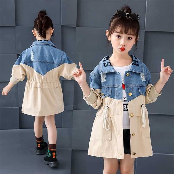 Meninas Casaco Venda Splice Jean Jaqueta Adolescentes Outerwear Crianças Roupas Bebé Menina Denim Casacos Qualidades Meninas Roupas Long CinturaCoat 211204