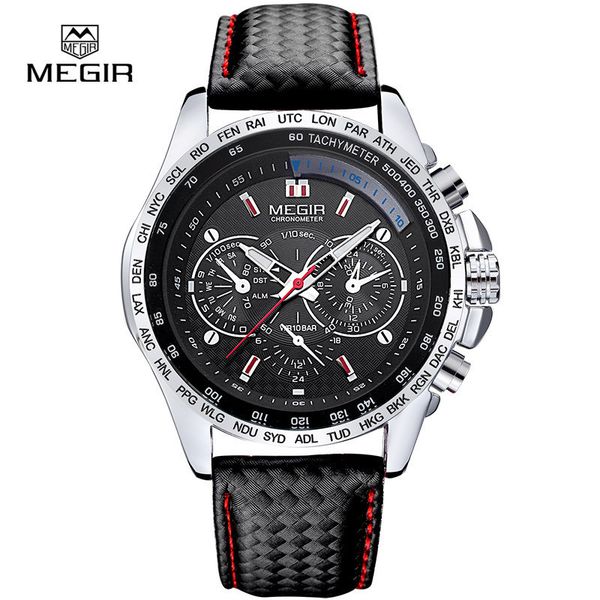 

megir 1010g men analog luminous watches casual fashion quartz watch with pu strap big dial calendar for business work school outdoor, Slivery;brown