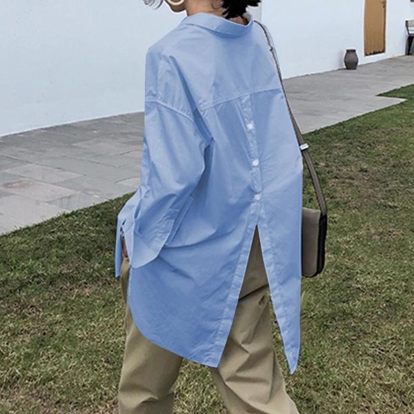 

fashion celmia women casual solid asymmetrical blouses tunic shirts long sleeve buttons laple loose office blusas femininas, White