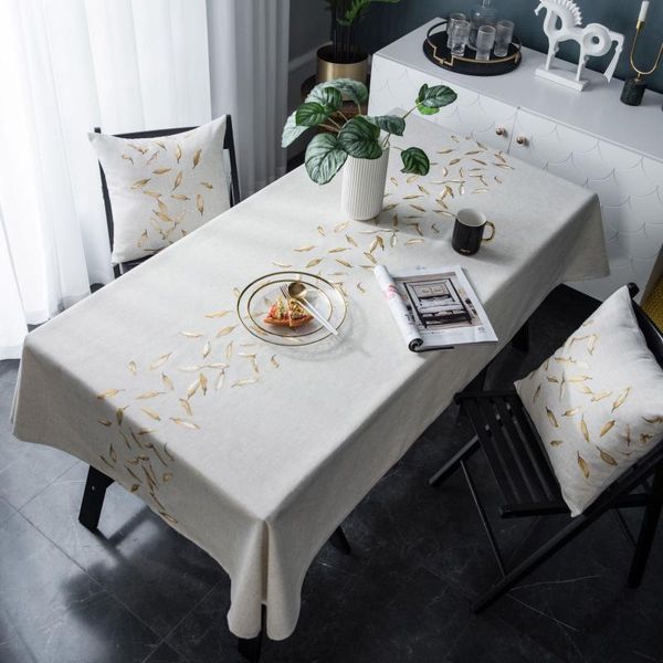 

linen embroidered tablecloth golden leaf & diamond pattern waterproof table cover home dining party banquet table cloths textile