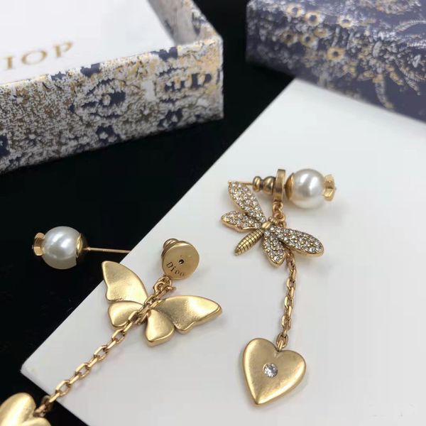 

ladies fashion jewelry family 2021 new butterfly bee asymmetric pearl earrings female tassel earrings, Golden
