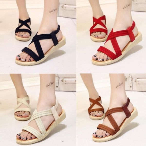 

sandals women solid color flock cross straps open toe flat with fashion elastic band sandalen summer sandalias, Black