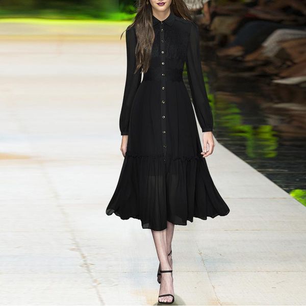 

casual dresses fashion runway 2021 autumn dress women black long sleeve lace patchwork single-breasted elagant, Black;gray
