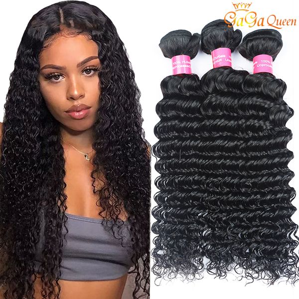 

deep wave virgin hair bundles indian deep curly human hair extensions gagaqueen, Black