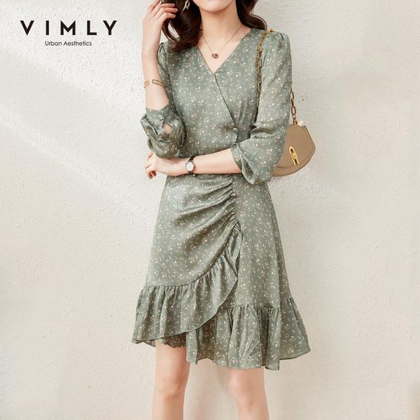 

casual dresses vimly for women elegant v neck full sleeve floral dress zipper side single-breasted ruffless female vestidos f6320, Black;gray
