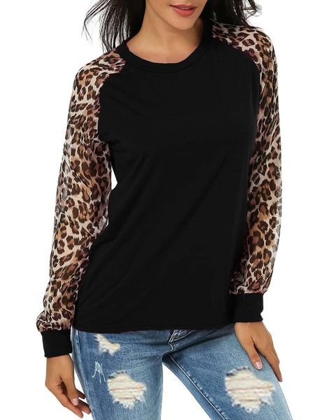 

women's blouses & shirts summer chiffon blouse women patchwork fashion leopard print shirt long sleeve crew neck plus size blusas, White