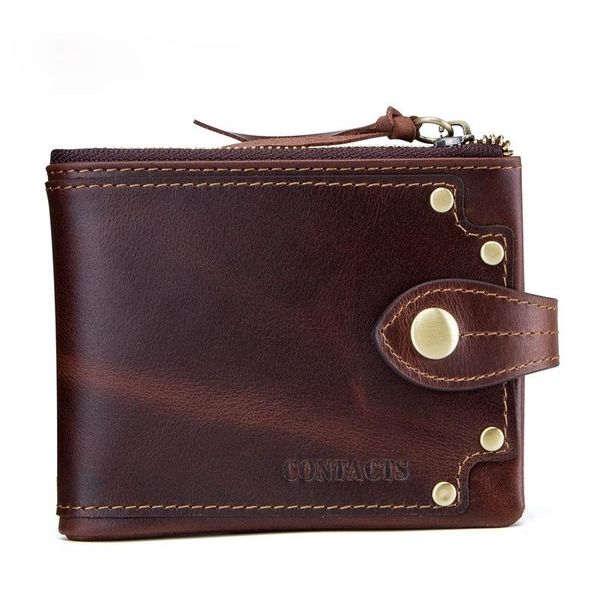 

wallets form 2021 crazy horse leather vintage solid rivet sewing thread zipper & hasp short standard men tri-fold purse, Red;black