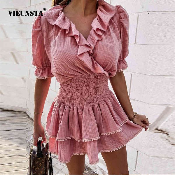 

off shoulder v-neck slim party dress elegant ruffle short sleeve solid mini dress women summer design elastic waist dresses x0521, Black;gray