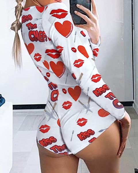 

women's jumpsuits & rompers women valentine's day heart lips printed romper adults long sleeve v-neck playsuit/jumpsuit one-piece, Black;white