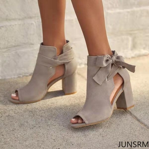 

sandals 2021 summer bowknot peep toe women sandal fashion thick heels plus size suede ankle female gladiator hollow out shoes, Black