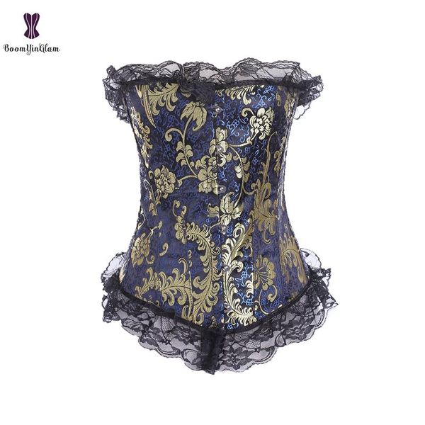 

overbust corset burlesque blue gold floral tapestry brocade korset waist bustier cincher corselet s-6xl, Black;white