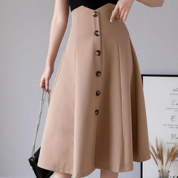 

2021 new women summer single breasted midi skirt fashion casual ruffles high waist solid color skirts female q9t2, Black