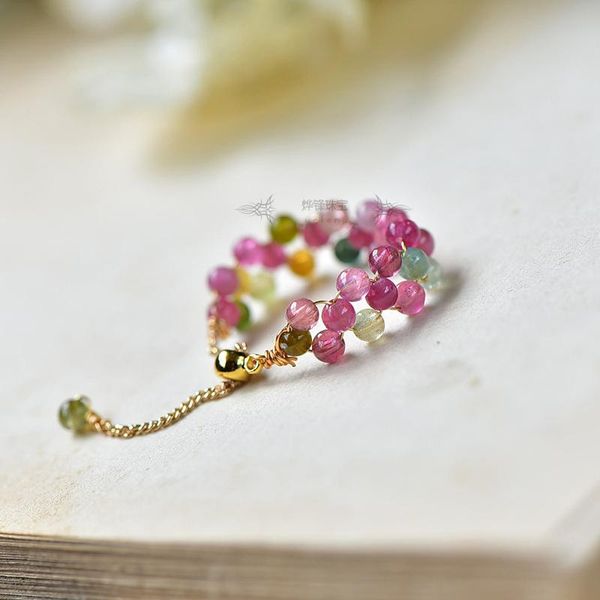 

cluster rings natural tourmaline beads crystal round strand finger ring handmade creative band women party jewelry, Golden;silver