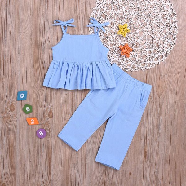 

and ins spring summer children's suit girls' sleeveless solid color blue trousers two piece set, White