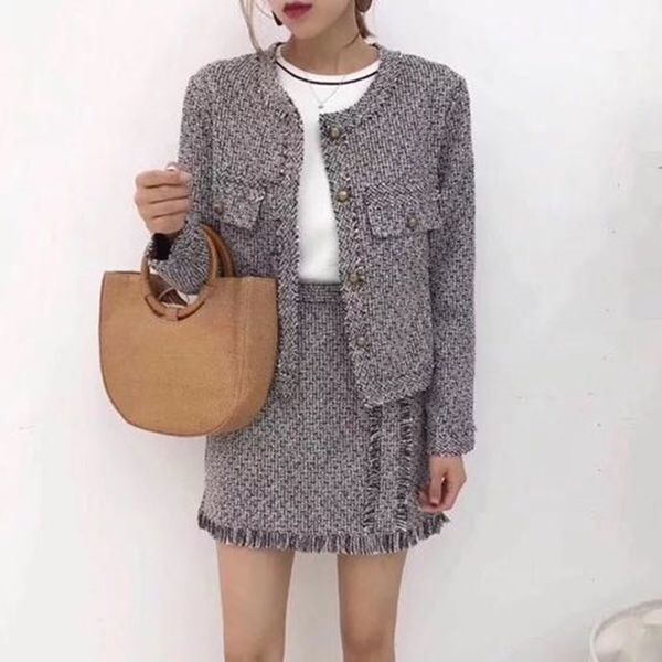 

zawfl fashion women's suits long sleeve elegant tweed jacket and skirt two piece set 210525, White