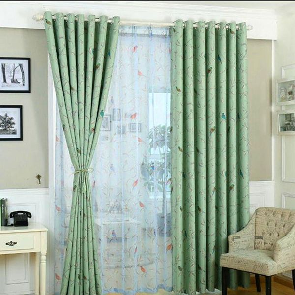 

curtain & drapes for living dining room bedroom simple pastoral balcony american printing green bird physical black silk shading