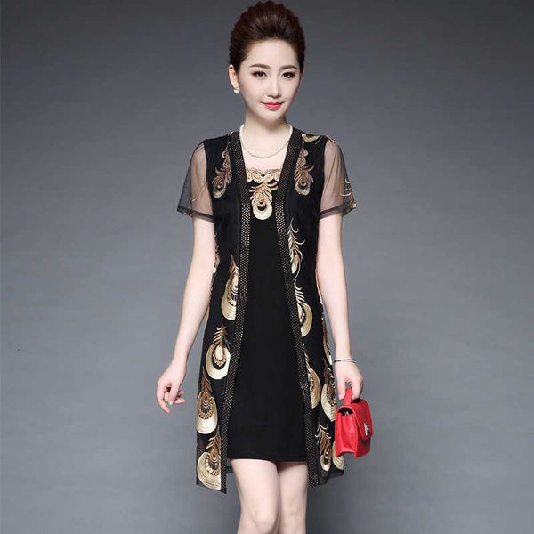 

luxury evening dress 2021 cloth middle-aged and elderly leisure suit wedding banquet large size slim fit embroidered 's dr's summ, Black;gray