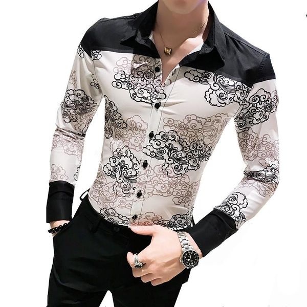 

fashion print men long sleeve casual slim fit patchwork color night club dress formal social shirt streetwear male blouses, White;black