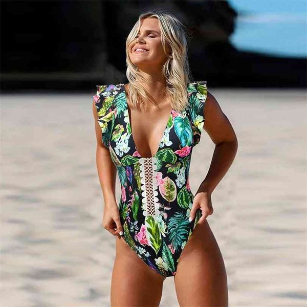 

push up print floral swimwear women v-neck ruffle flounce swimsuit beach wear bathing suits backless monokini 210728, White;black