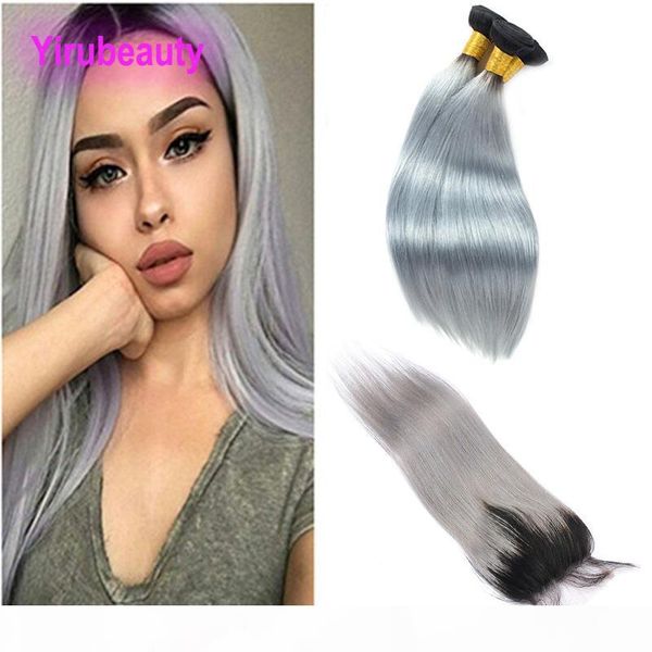 

peruvian unprocessed human hair 3 bundles with 4x4 lace closure 1b grey straight virgin hair 1b grey two tones color 10-26inch, Black;brown