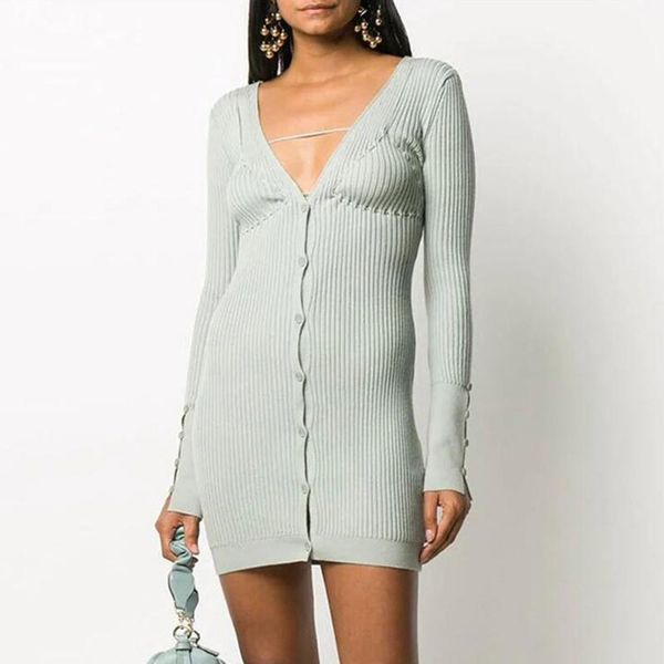 

casual dresses striped knitted bodycon dress vestidos long sleeve v-neck single breasted drawstring celebrity party 2021 autumn, Black;gray