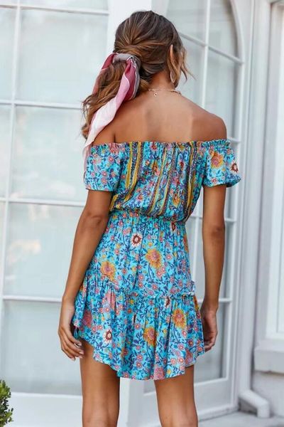 

NEW Bohemian Off the shoulder Flower Print Dress Ethnic Woman Summer Short Sleeve Lacing Up Collar Waist Short Dresses, Red
