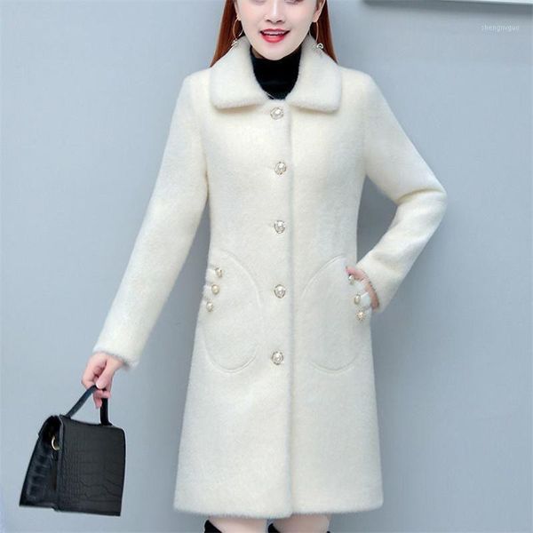 

women's wool & blends women white woolen overcoat 2021 middle-aged female fall winter gold mink velvet coat femme thick warm jacket 3xl, Black