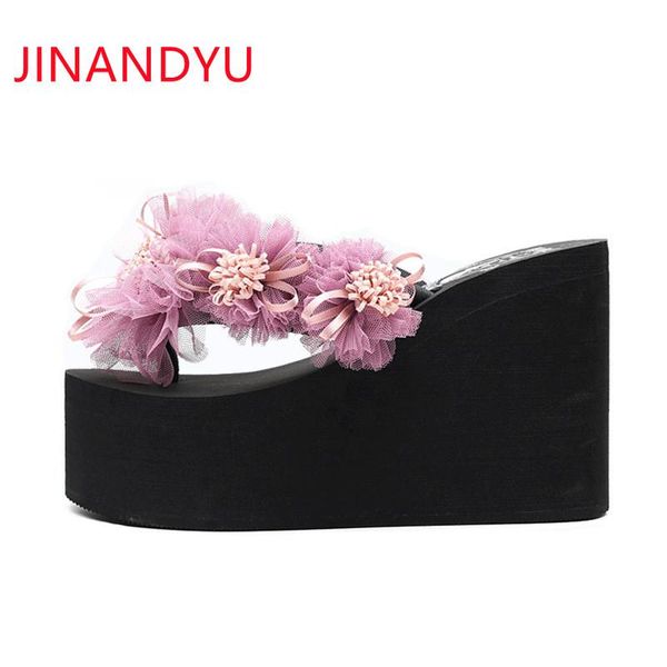 

slippers platform flip flops wedge heels woman shoes big size summer flowers beach high fashion women casual, Black