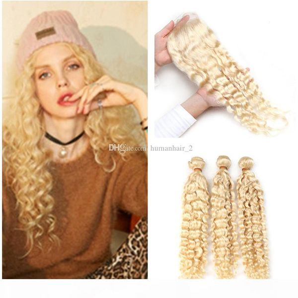 

deep wave #613 bleached blonde 4x4 lace closure with bundles blonde deep curly wavy peruvian virgin hair with lace closure, Black;brown