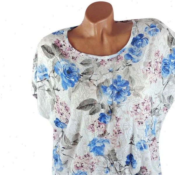 

women plus size chiffon blouse loose short sleeve batwing o neck bohemian floral print blusas fashion holiday shirts top, White