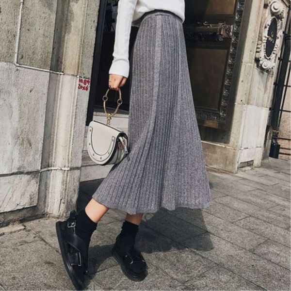 

autumn and winter 2020 new korean pleated fashion long wool high waist knitted skirt medium length, Black;gray