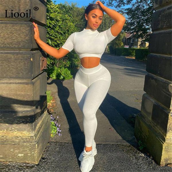 

women's two piece pants liooil black white tight set women tracksuits crop and short sleeve bodycon jogging 2pcs outfits sets