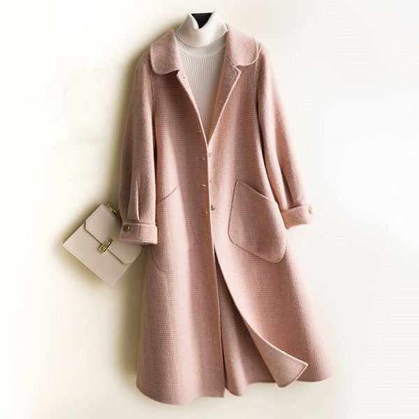 

women's wool & blends autumn winter houndstooth long double-sided coat women plaid overcoat loose big pocket office lady woolen jacket, Black