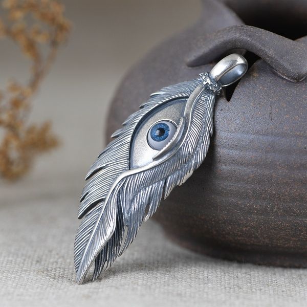 

2021 new real pure s925 sier jewelry retro craft embossed feather eyes style domineering man pendant g5qz, Silver
