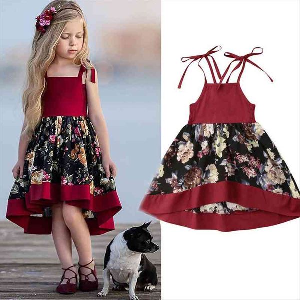 

vintage toddler baby girl sleeveless dress party princess floral print belt a line knee length sundress outfit 1 6y, Red;yellow