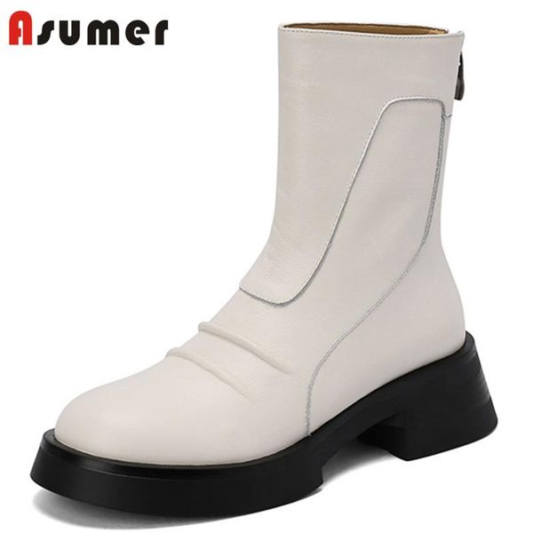 

boots asumer 2022 low heels casual shoes women ankle round toe zipper comfortable simple genuine leather lady, Black