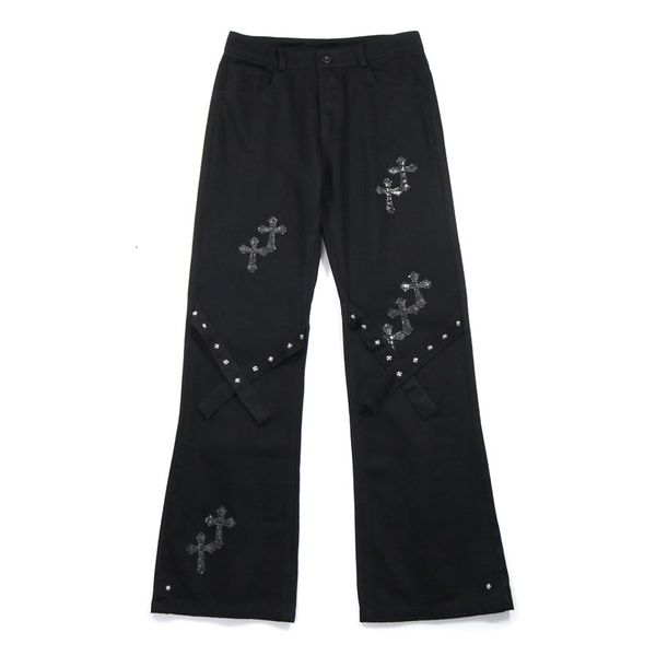 

high street vibe cross skin bandage overalls men's fashion hip hop micro horn casual pants, Blue