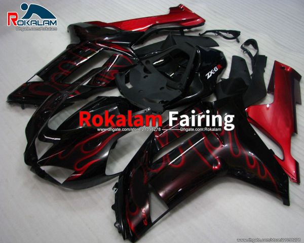 Voor Kawasaki Ninja Stroomlijnkappen ZX6R ZX 6R 2007 2008 ZX-6R 07 08 Rode Vlam Straat Fiets Kuip (Injectie Molding)