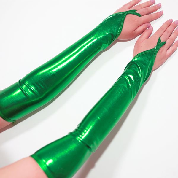 Небесные голубые женщины сексуальные металлические перчатки без пальцев зеленый локоть длина вечеринка танец косплей клуб аксессуар блестящие длинные ночные перчатки