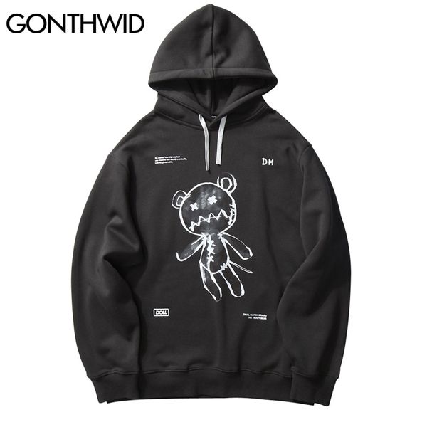 Gonthwid Harajuku Oyuncak Ayı Baskı Kapüşonlu Tişörtü Streetwear Hip Hop Rahat Kazak Hoodies Erkek Moda Dış Giyim Tops 210819